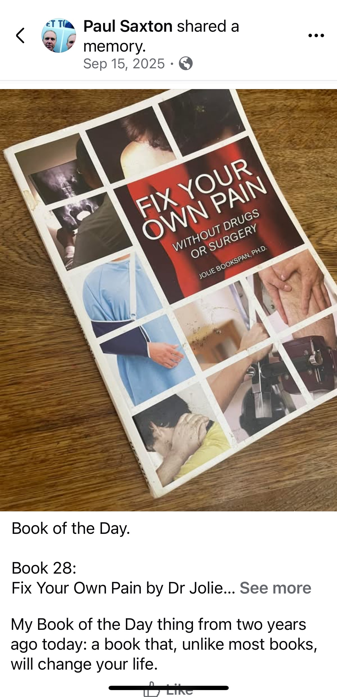 ALT =[A reader comments on the book “Fix Your Own Pain Without Drugs or Surgery by Dr. Jolie Bookspan. Says book will change your life. Available from author web site https://drbookspan.neocities.org/books”] 